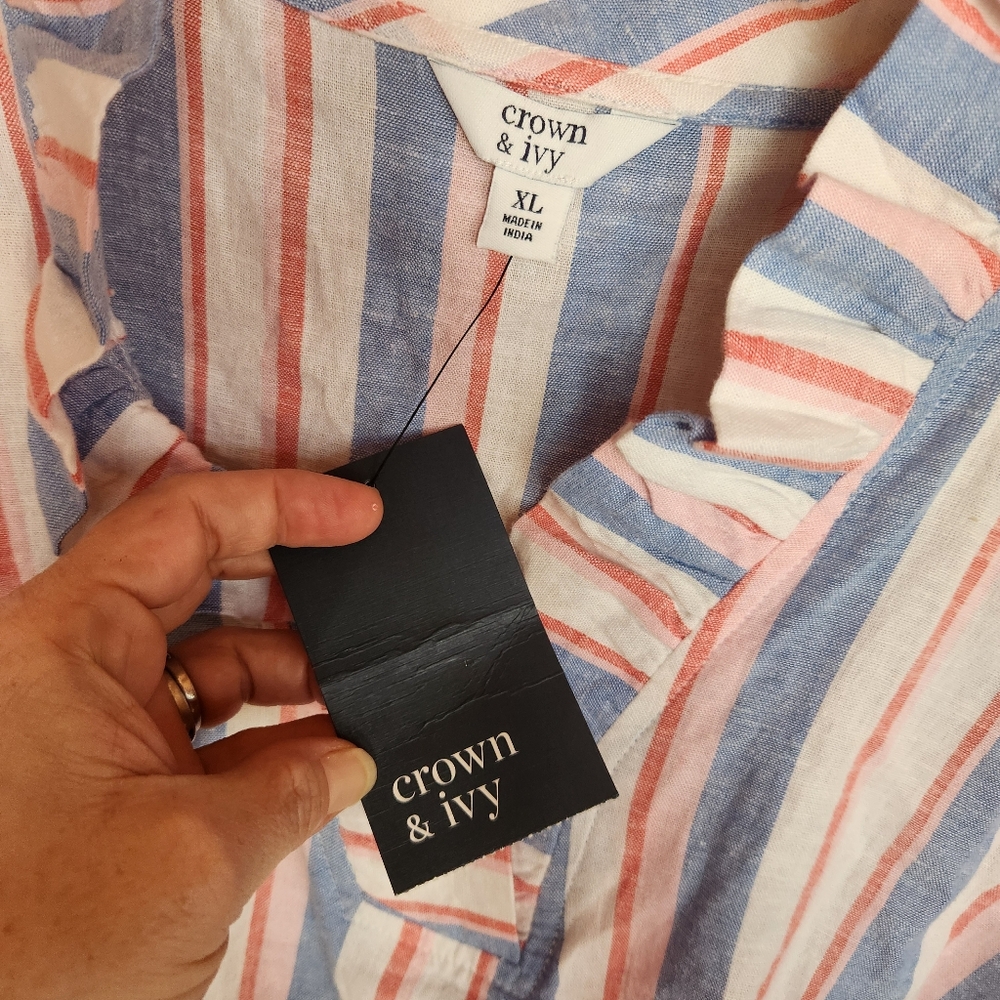 Crown & Ivy NWT Ruffle Neck Popover Striped Linen Blend Blouse Top Preppy Sz XL - Picture 3 of 9